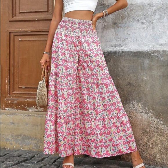 Boho Floral Print High Waist Smocked Wide Leg Palazzo Pants - Picture 4 of 4
